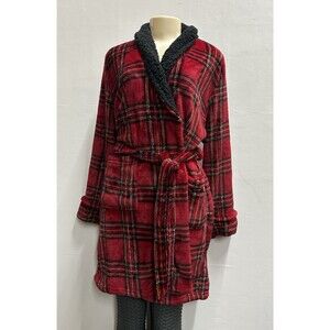 Amari women winter fluffy belted robe  red black and green plaid pattern